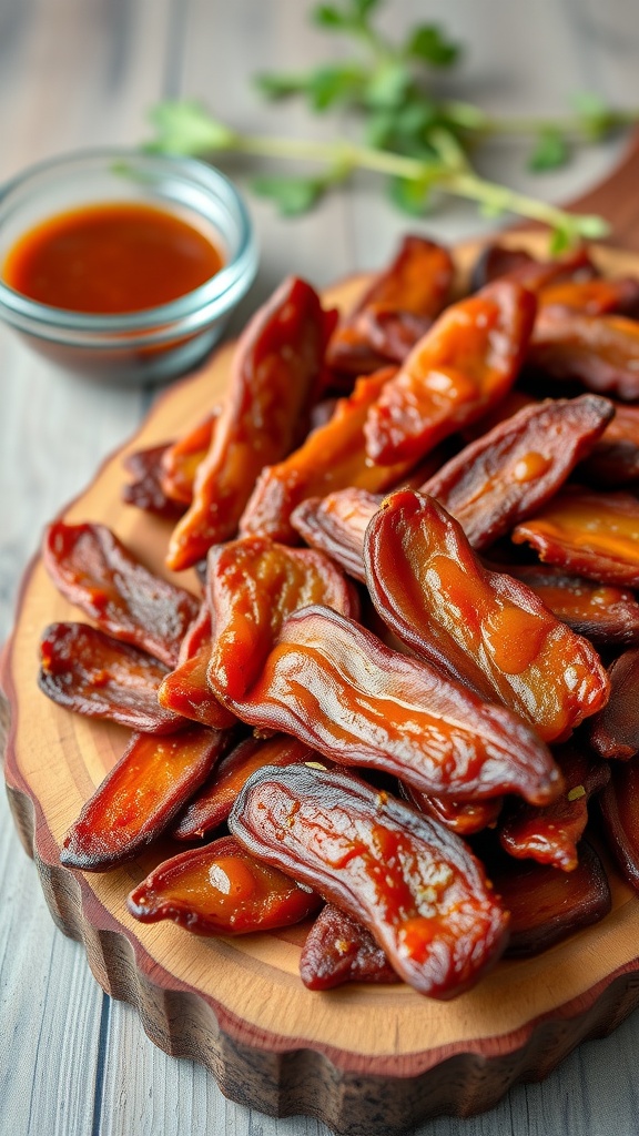 Homemade pork jerky on a wooden platter with dipping sauce and herbs.